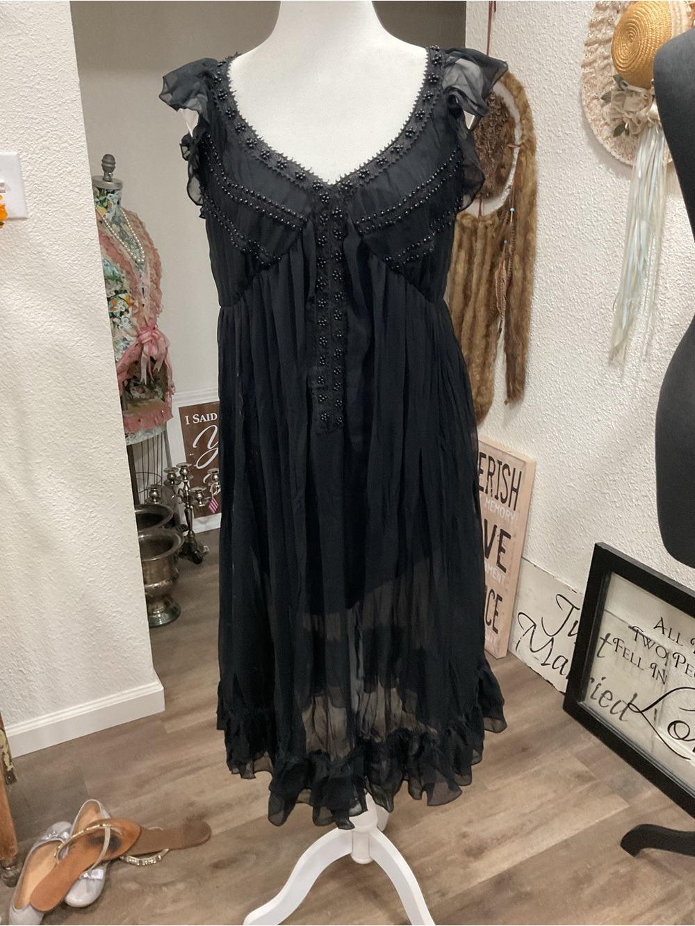 Sheer Black Beaded Ruffled Midi Dress Casual, Soft Size M 1970’s
